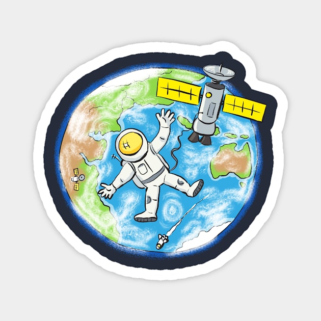 Astronaut and satellite over earth cartoon illustration Magnet by FrogFactory