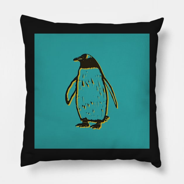 Penguin block print green yellow black Pillow by Kimmygowland