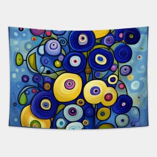 Blue and Gold Cute Abstract Flowers in a Blue Vase Still Life Painting Tapestry