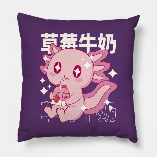 Cute Axolotl Drinking Strawberry Milk Kawaii Salamander Pillow by Cuteness Klub