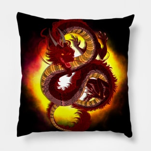 Zentangle Chinese Fire Dragon on Black Background: Intricate Mythical Creature Art Pillow