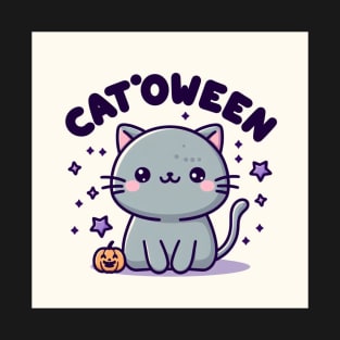 Catoween - Cute Cat Halloween Design Cartoon Design Anime Pumpkin Typography T-Shirt