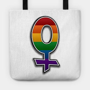 Halftone Lesbian Pride Female Gender Symbol with Rainbow Flag Background Tote