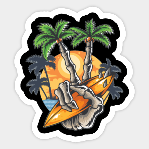 summer design hand skull coconut tree finger holding beach surf board Sticker - Beach - Sticker