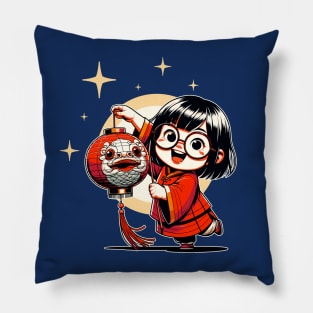 Kawaii Girl Celebrates Lunar New Year at Lantern Festival 2024 Pillow