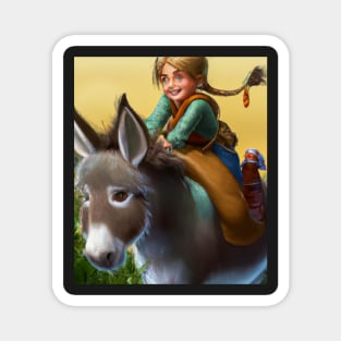 Girl with blond ponytail riding a cute donkey Magnet