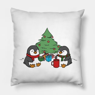 Christmas Penguins Enjoying Hot Cocoa with Christmas Tree v2 Pillow