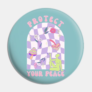 Protect Your Peace - Funky Hippie Design with Mushrooms and Flowers Pin