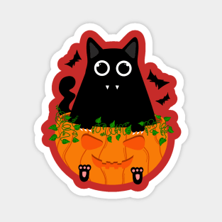 Cute Spooky Black Cat with Fangs Sits in Halloween Pumpkin Magnet