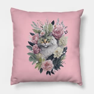 Fluffy Cat around Flowers: Scattered Watercolor in Pastel Colors Pillow