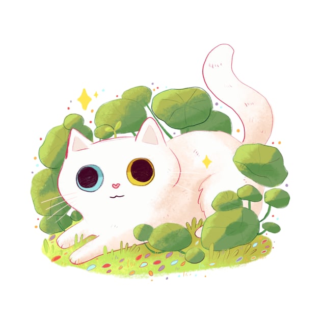 Cute white cat and flowers by Mayarart