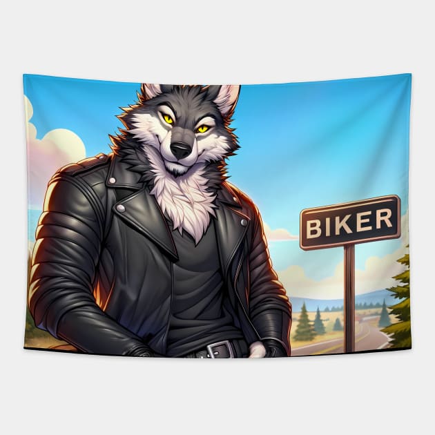 Leather Biker Wolf Anthro Furry Art Tapestry by Blue Bull Bazaar