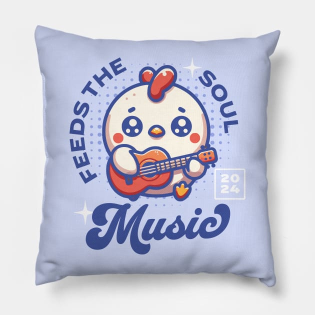 Funny Music Feeds the Soul Chicken Playing Guitar Pillow by daisyblue