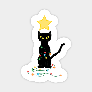 Black Santa Cat Tangled Up In Lights Christmas Santa Illustration Magnet