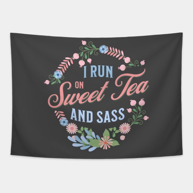 "Southern Charm Tee - "I Run on Sweet Tea and Sass"" with Floral Wreath Design " Tapestry by Christmas Clatter