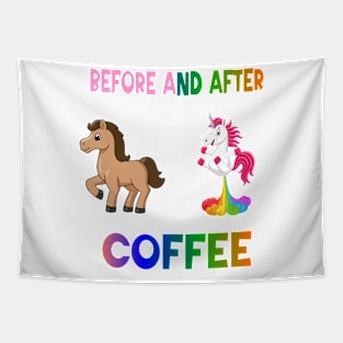 Before and after coffee Unicorn Tapestry