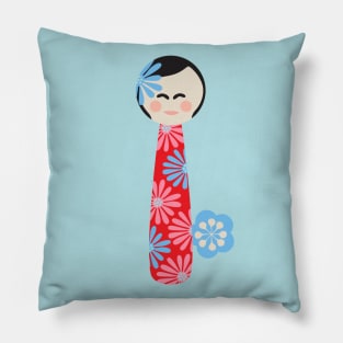JAPANESE KOKESHI DOLL Flowers Bright Red Blue Pink - UnBlink Studio by Jackie Tahara Pillow