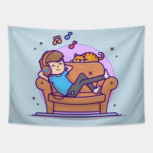 Happy Boy Listening Music On Sofa with Cute Cat, Tune, and Notes of Music Cartoon Vector Icon Illustration Tapestry