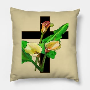 Three Calla Lilies And Christian Cross Art Pillow