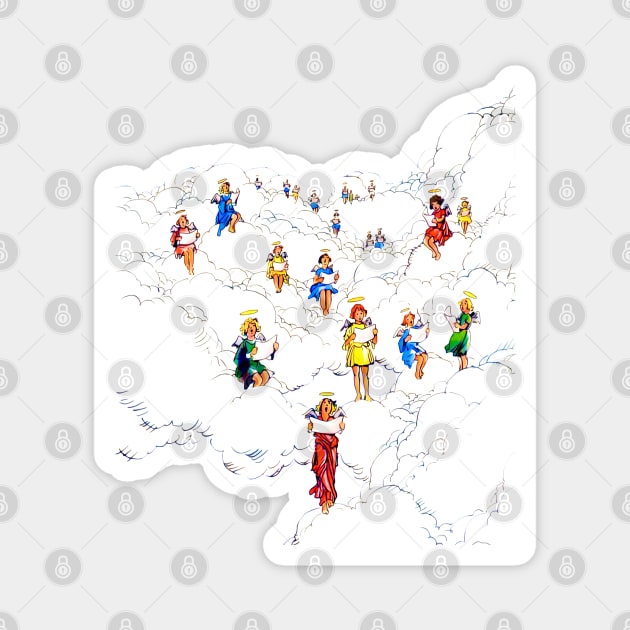 merry christmas in the clouds angels singing carols in heaven comic retro vintage Magnet by REVISTANGO