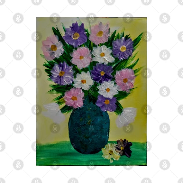 Some abstract flowers in purple and pink in a turquoise and gold vase . by kkartwork