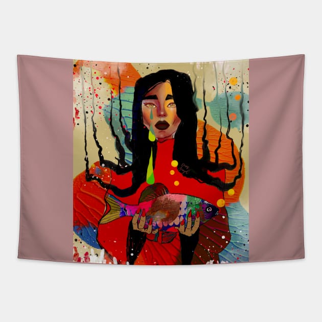 Lady holding a fish Tapestry by Colormyline by Denis Senyol