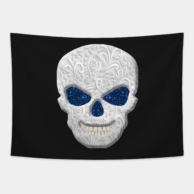 Lacy Floral Faux Blue Glitter Eyes Skull Tapestry by Atteestude