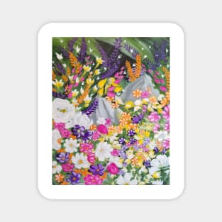 Flower and Garden, Floral Artwork, Bright Flowers Painting, Pink, Purple, White, and Orange Wild Flowers with dark background Magnet