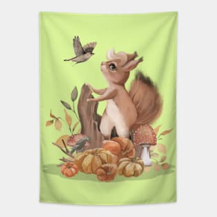 Cute squirrel talk to a bird Tapestry