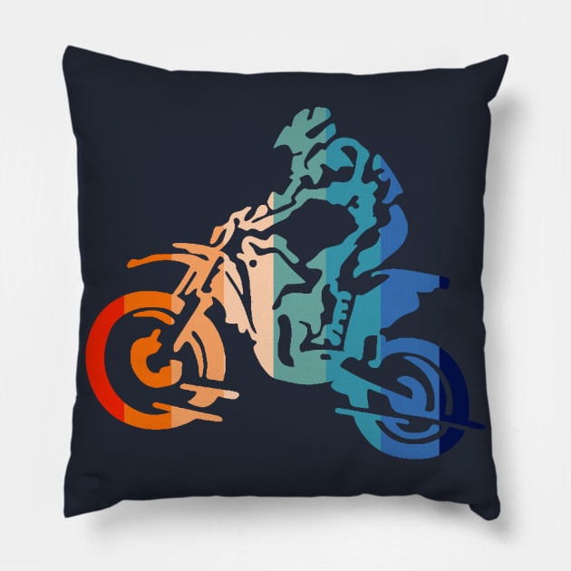 70s Retro Colored Silhouette MotoCross Dirt Bike Biker Gift Pillow by Bezra