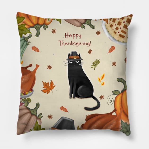 Happy Thanksgiving card in cartoon style with cat for Happy celebration Pillow by Olena Tyshchenko