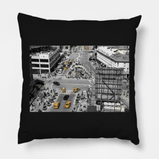 Black and white photograph of a busy Manhattan intersection in the Meatpacking District, with highlighted yellow cabs Pillow