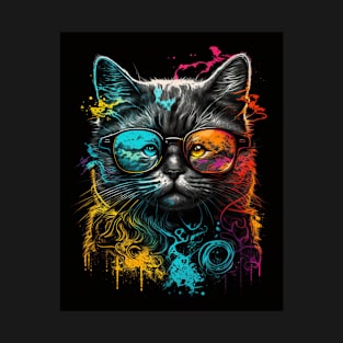 Retro Cat Art Wearing Glasses Splash Abstract Vibe Watercolor Vintage T-Shirt