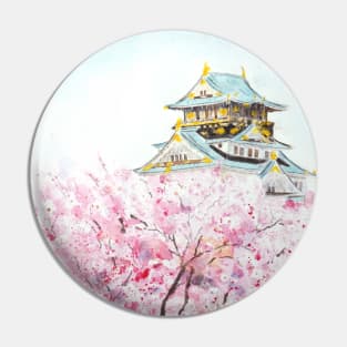 Japan Osaka castle and sakura watercolor painting Pin