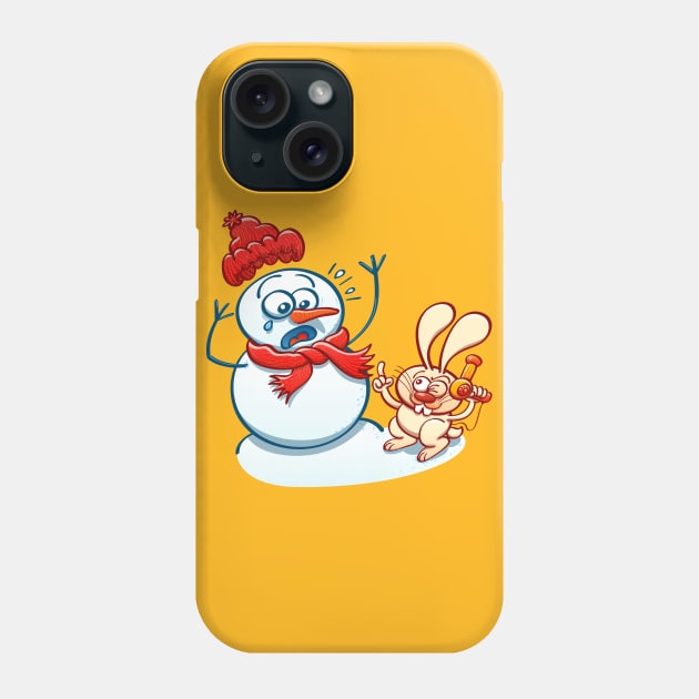 Naughty bunny stealing the carrot nose of a Christmas snowman with a hair dryer Phone Case by zooco