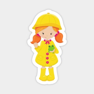 Girl In Raincoat, Boots, Orange Hair, Frog Magnet