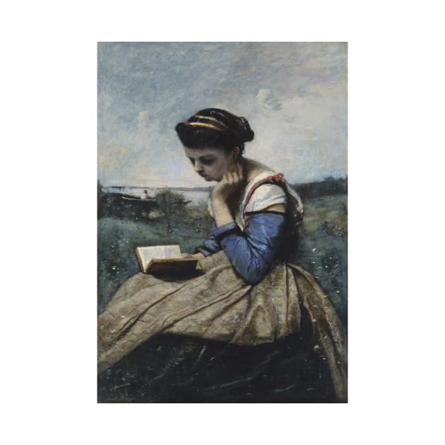 A Woman Reading by Jean-Baptiste-Camille Corot by Classic Art Stall