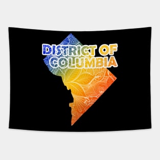 Colorful mandala art map of District of Columbia with text in blue, yellow, and red Tapestry