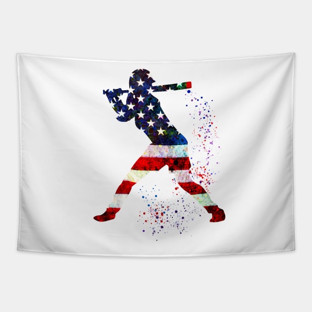 Girl Baseball Batter American Flag Watercolor Tapestry by LotusGifts