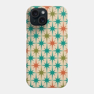 1950s Atomic Age Starburst Pattern in Teal, Orange, and Olive on Mid Mod Beige Phone Case