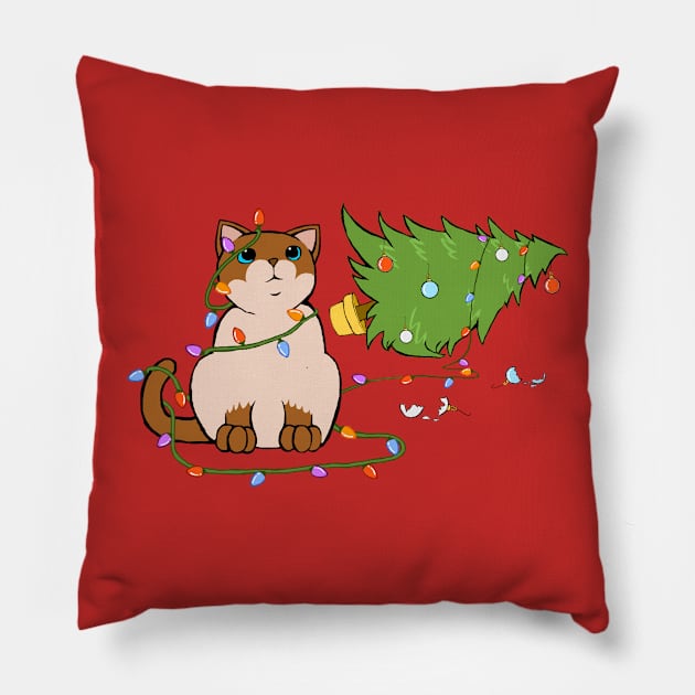 Meowy Christmas Siamese Cat Knocking Over Christmas Tree Pillow by xenotransplant