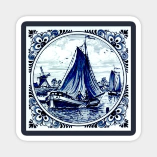 Dutch Blue Delft Windmills and Sailboats Print Magnet