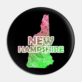 Colorful mandala art map of New Hampshire with text in pink and green Pin