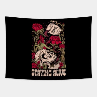 Staying Alive - Coffee Skull Funny Skeleton Caffeine Addict Tapestry