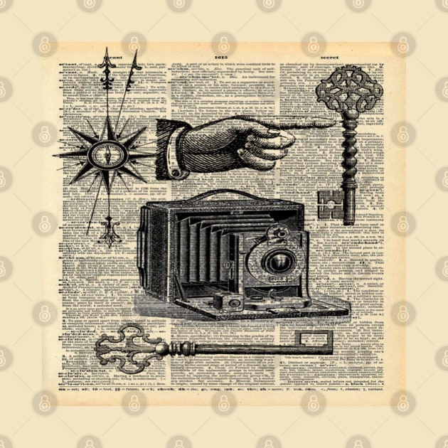 Dark Academia dictionary print steampunk skeleton keys antique camera by Tina