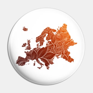 Colorful mandala art map of Europe with text in brown and orange Pin