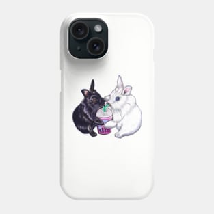 Boba bunnies - bunny rabbits sipping bubble tea - pair of cute furry ebony and snow colored coloured lionhead bunny rabbit Phone Case