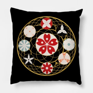 Japanese Holy Flowers in Golden Circle Pillow