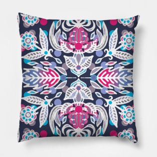 Pastel Folk Art Pattern in soft navy, pink, mauve & white Pillow