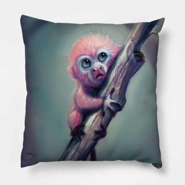 Pink little monkey Pillow by Artofokan